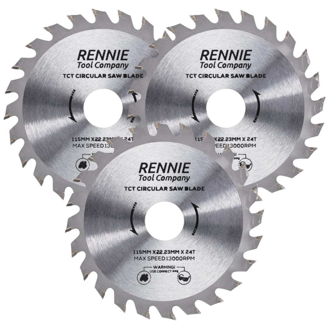 Rennie Tools - Pack Of 3 x 115mm Circular Saw Blade TCT Wood Cutter Blade. 24 Teeth (24T) Carbide Tipped Saws for Woodworking Wood Cutting 7/8 inch (22.23mm) Bore + 20mm and 16mm Reduction Rings.