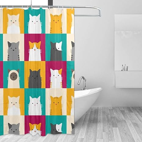 Amazon Co Jp 猫柄 ネコ 可愛い かわいい 漫画シャワーカーテン バスカーテン 防カビ 防水 お風呂用カーテン 目隠し 速乾 間仕切り 取付簡単 リング付き ユニットバス カーテン プライバシー保護 150x180cm ホーム キッチン
