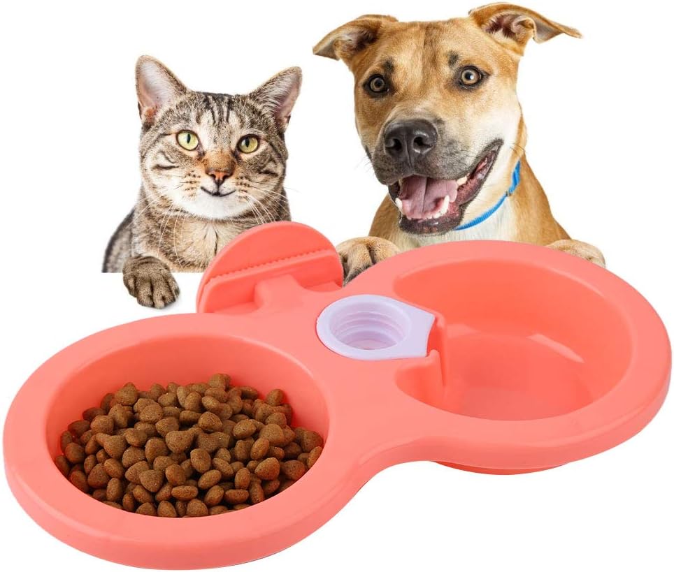 Dual Hanging Pet Bowl Pet Food Water Feeder Feeding Bowl Dog Cat Rabbit Bird Food Basin Dish with Bottle Cap Fastener Design for Crates Cages(Pink)