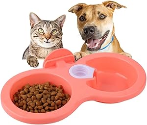 Dual Hanging Pet Bowl Pet Food Water Feeder Feeding Bowl Dog Cat Rabbit Bird Food Basin Dish with Bottle Cap Fastener Design for Crates Cages(Pink)