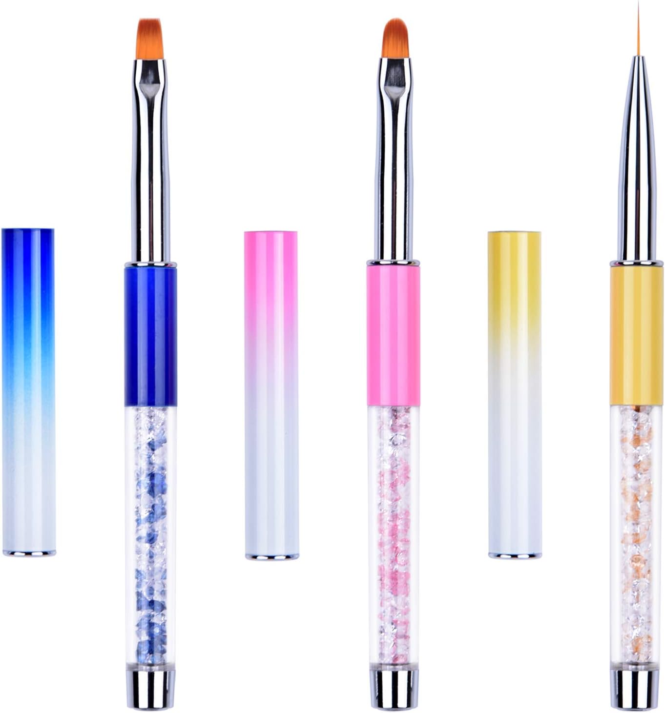 Ycyan 3Pcs Nail Art Design Brushes Rhinestone Handle UV Gel Nail Brush Set Professional Nail Art Tools Kit