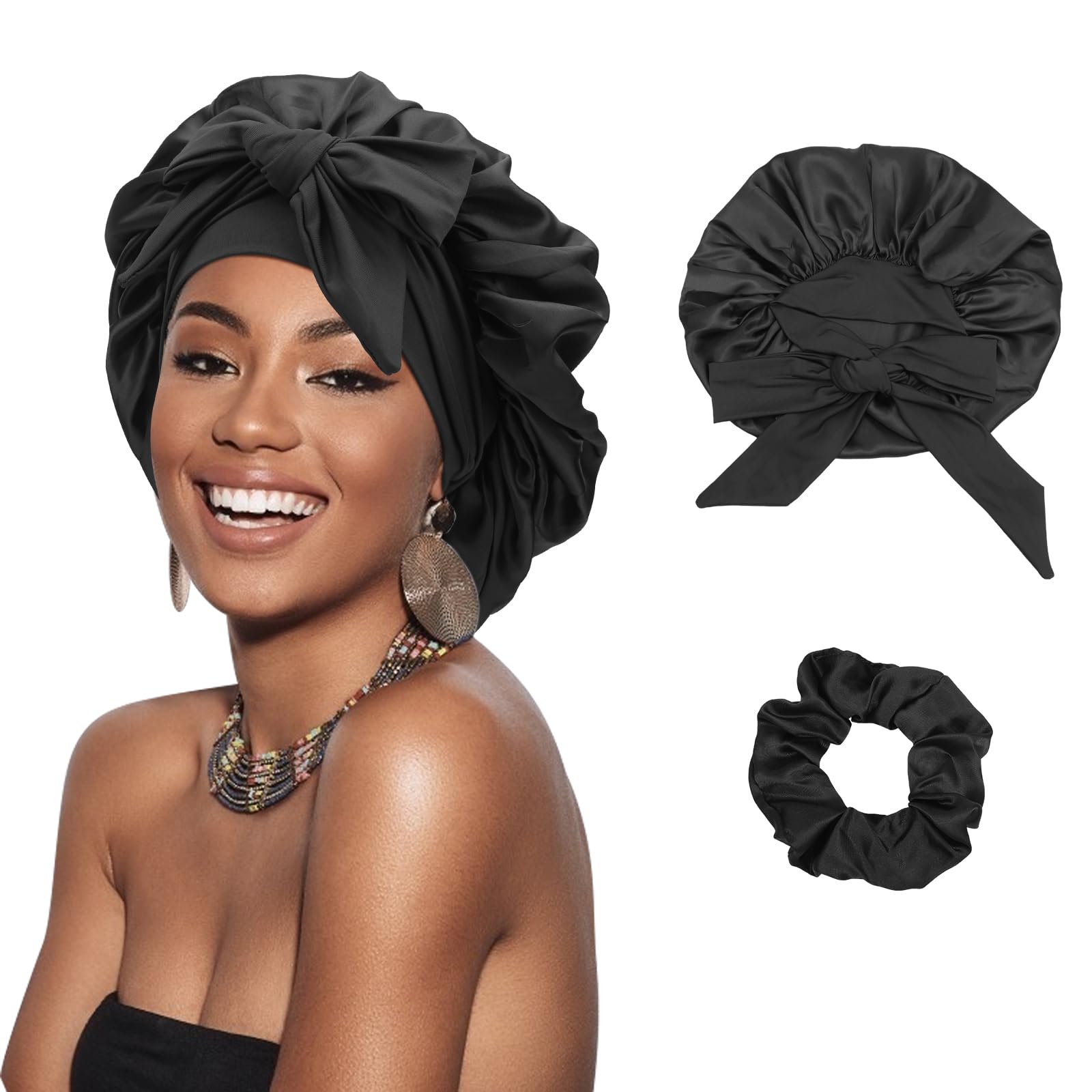 DRESHOW Satin Braid Bonnet for Women Silk Bonnet for Sleeping Sleep Cap with Elastic Tie Band Night Cap for Long Curly Hair Locs