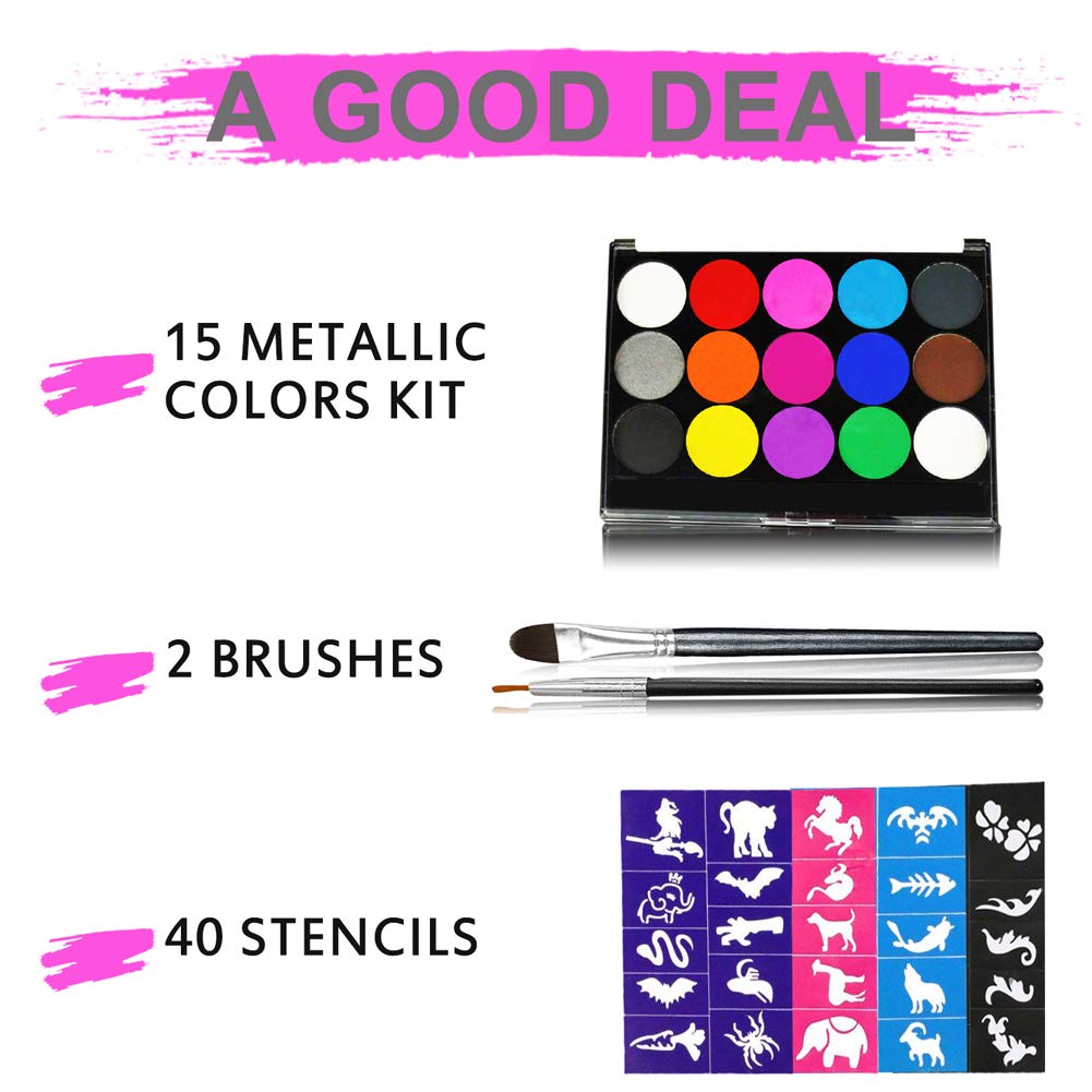 Face Painting Kits, 15 Colors 40 Stencils 2 Brushes, Water Based Paints Non-Toxic Safe for Kids, Ideal for Halloween Body Makeup Party Supplies