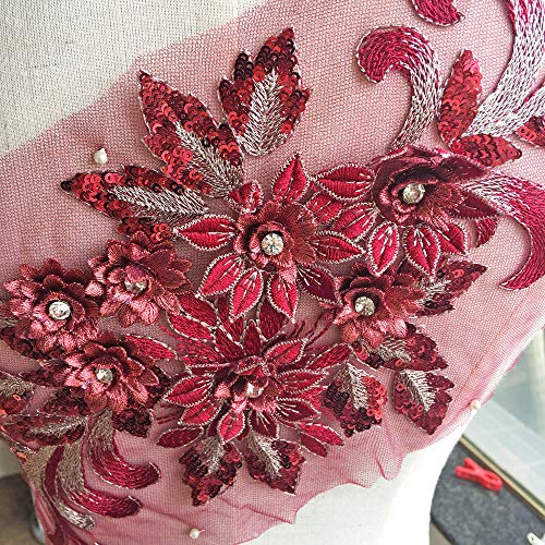 Shimmer Burgundy 3D Flower Lace Applique Crystal Sequined Embroidery Lace Patch Wedding Motif Sew on Dress Gown Costumes