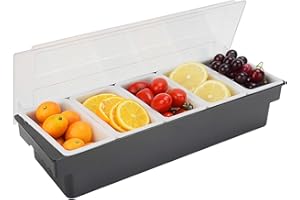 FEOOWV Bar Top Food & Condiment Dispenser 5-grid Plastic Chilled Garnish Tray Bar Caddy with Lid for Bartending & Serving Taco, Ice Cream, Fruit, Salad Bar (Black)