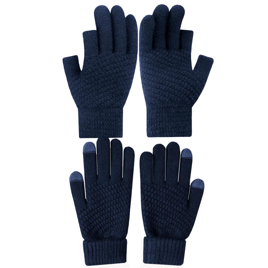 LassZone 2 Pairs Women Winter Touch Screen Gloves Warm Knitted Fingerless and Full Finger Gloves Thick Fleece Liner Thermal Mittens for Driving Cycling Running Driving Camping