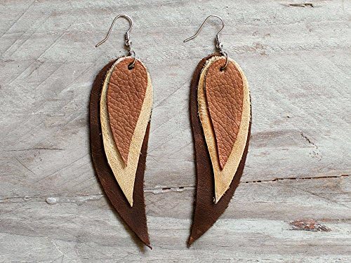 Dark brown, beige and brown Feather Leather Earrings, layered earrings, tribal Earrings, Boho earrings, dangle earrings, long earrings