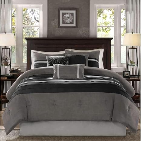 7 Piece Black Grey Ruffle Stripe Pattern Comforter With Decorative Pillows Cal King Set For Luxury Master Bedrooms Elegant Classic Style