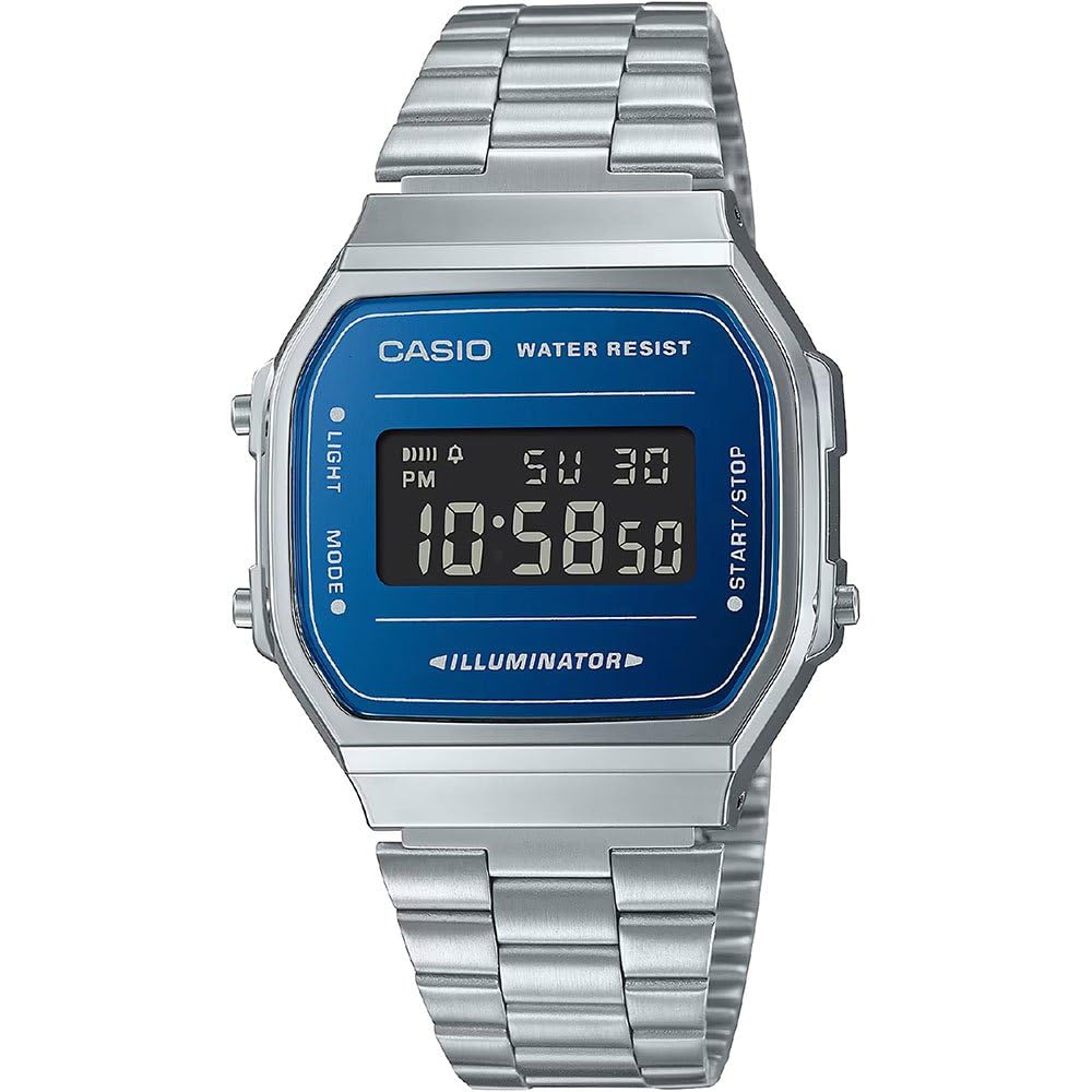 Casio Unisex Quartz Armbanduhr, 38.60mm GehäusegröÃŸe mit blau digital Zifferblatt und Silber Metallarmband Armband A168WEM-2BEF