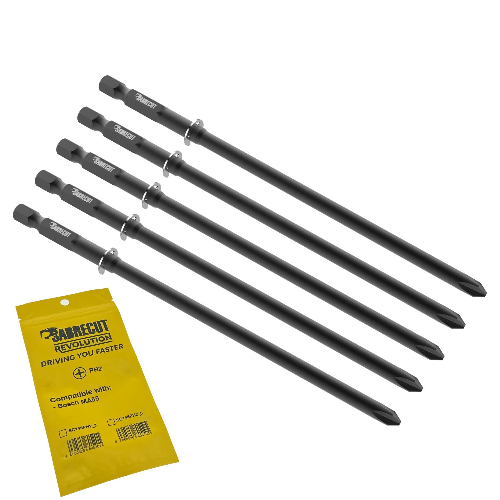 5 x SabreCut SC146PH2_5 146mm PH2 Compatible with Bosch MA55 MA 55 2608522068 Autofeed Collated Drywall Screwdriver Gun Bit Single Ended Phillips No.2 Heavy Duty