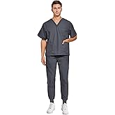 VOGRYE Men Scrubs Set — Stretch V-Neck Scrub Top & Jogger Pant with 8 Pockets, Yoga Waistband, Anti-Wrinkle Scrubs for Men