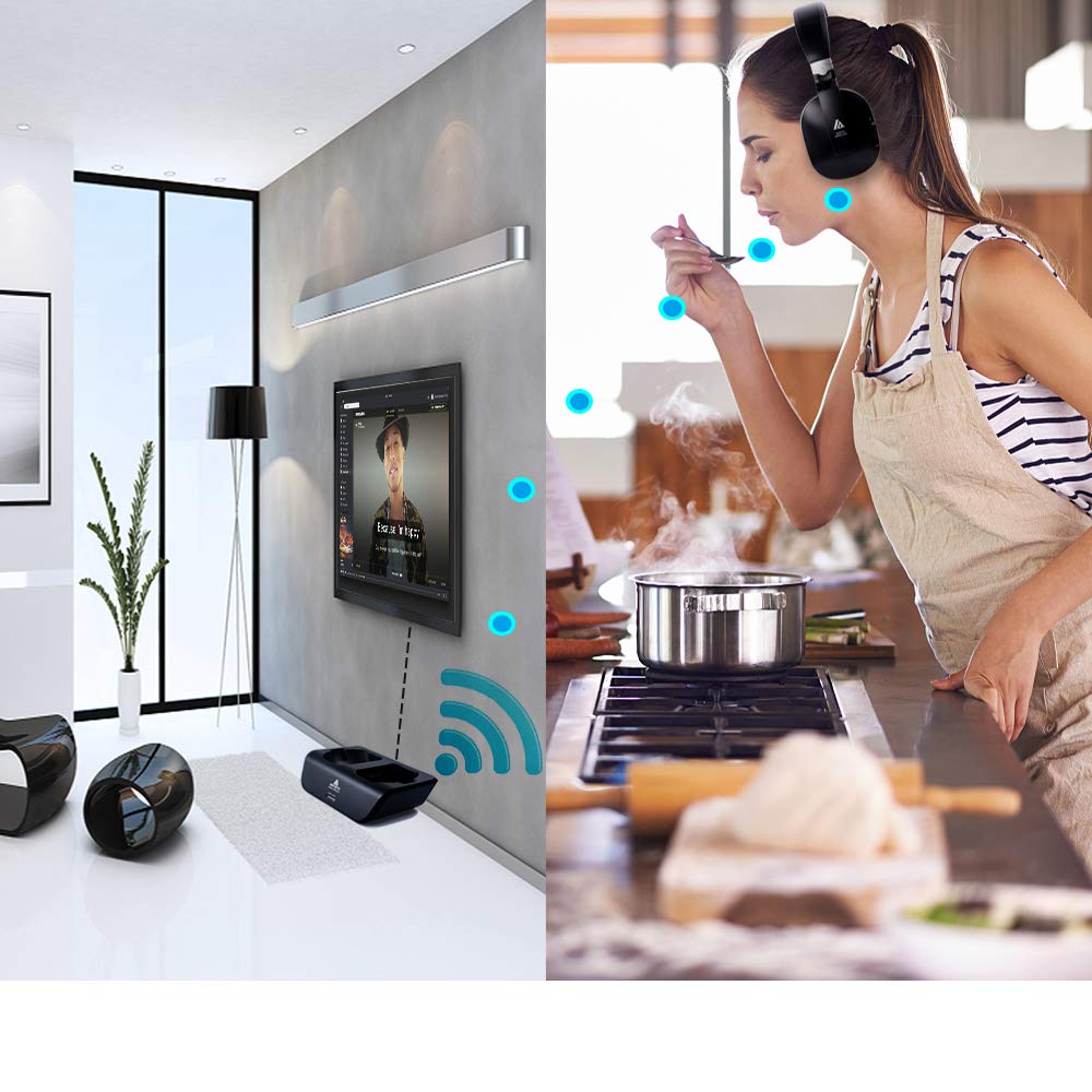 TV-Funkkopfhörer mit Ladestation Digital-Stereo-Headsets 2,4-GHz-RF Over-Ear Kopfhörer Sender 30m Reichweite Keine Latenzzeit von 20 Stunden Akkustand, für Gaming TV PC Mobile - Schwarz