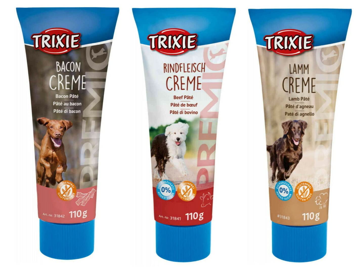 3 PACK MIXED VARIETY TRIXIE PREMIO DOG PATE BACON LAMB BEEF FLAVOUR DOG TREATS