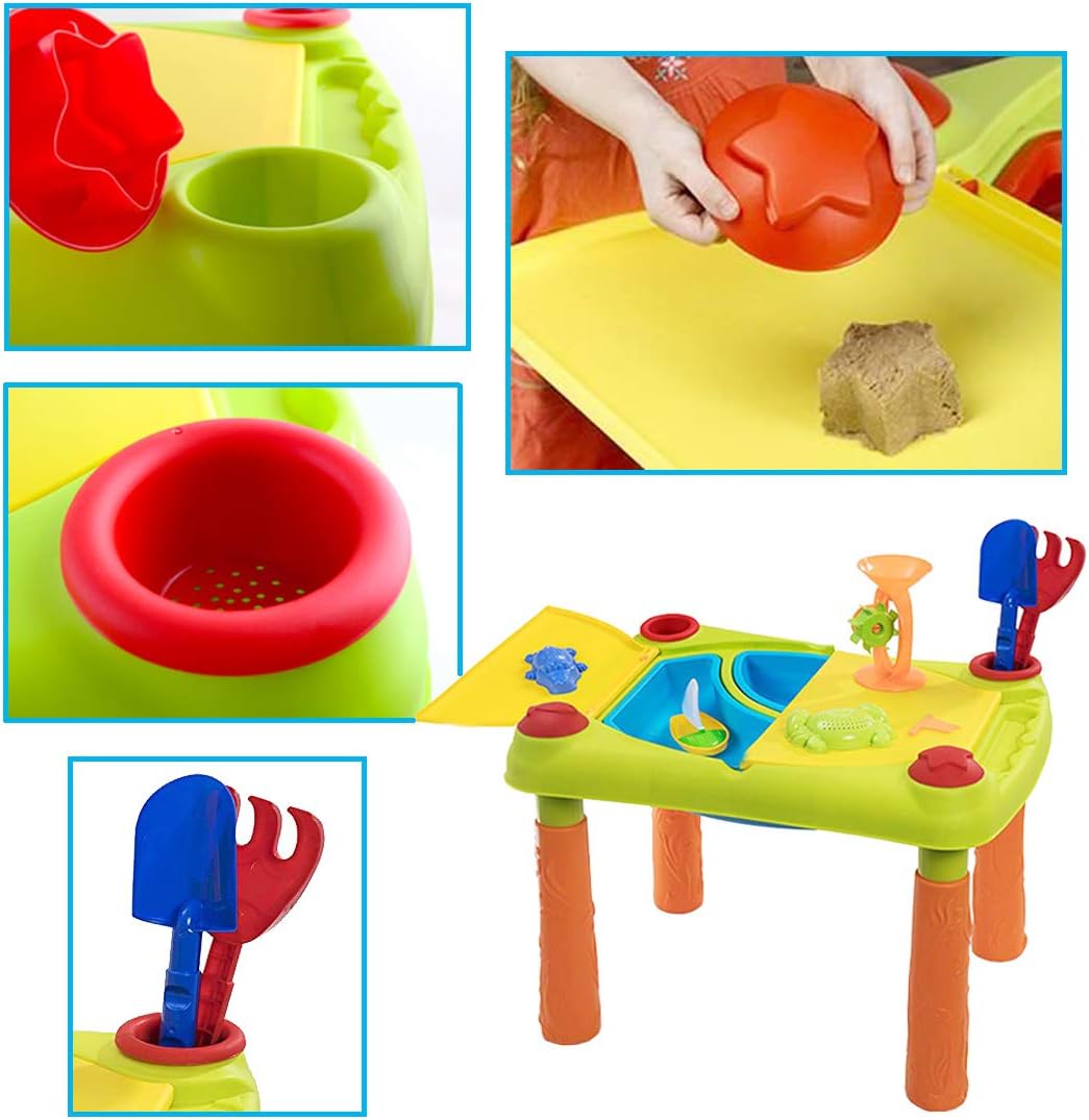 deAO Sand and Water Outdoor Activities Play Table for Kids with Double Compartment, Lids and