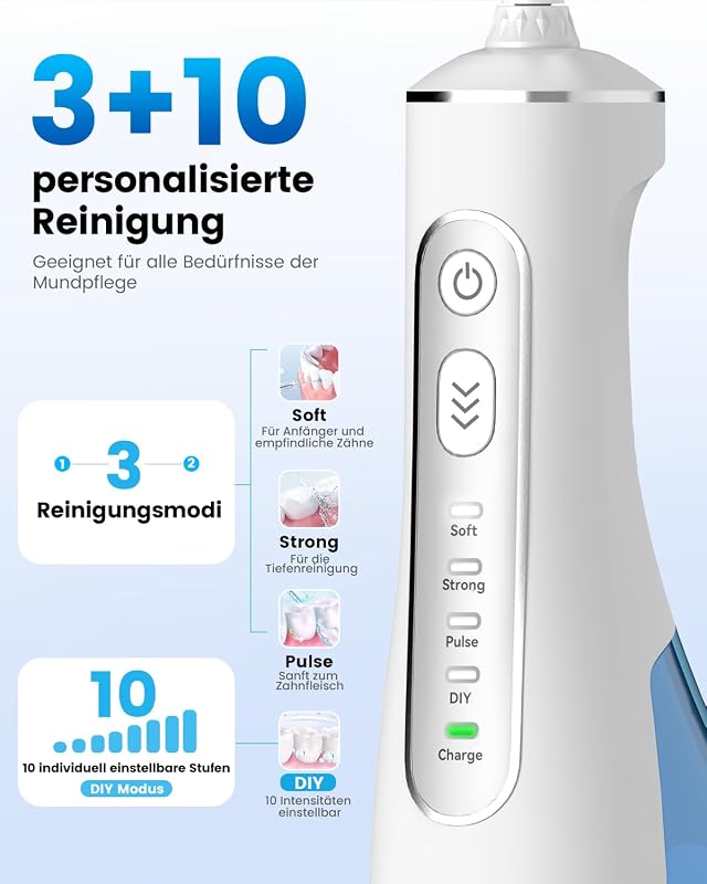 Jet Dentaire Hydropulseur Oral - 300 ML Sans Fil Irrigateur, 3+1 Modes, Étanche IPX7 Water Flosser, Idéal pour Orthodontie, Appareil Dentaire, Gencives Sensibles Maison et Les Voyages(Blanc)