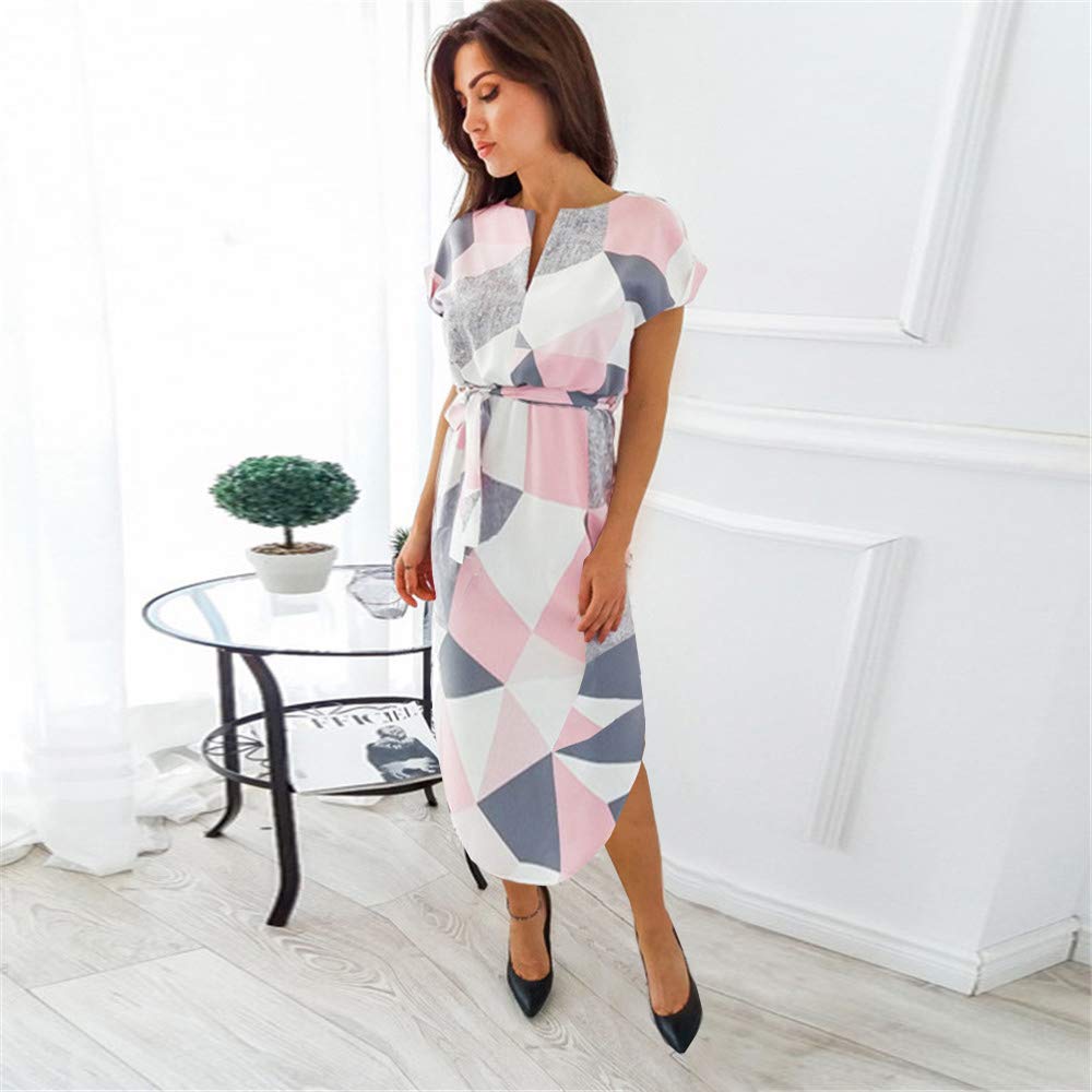 LitBud Womens Summer Dresses for Women Ladies Short Sleeve Casual Work Party Belted Shift Midi Tunic Dress Pink Size 4 S Back to School