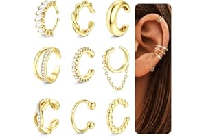 FIBO STEEL 9PCS Ear Cuffs Earrings for Women Non Piercing 14K Gold Plated - Hypoallergenic Adjustable Ear Cuffs Trendy Non Tarnish Clip on Cartilage Fake Earring Stacks Wrap Jewelry
