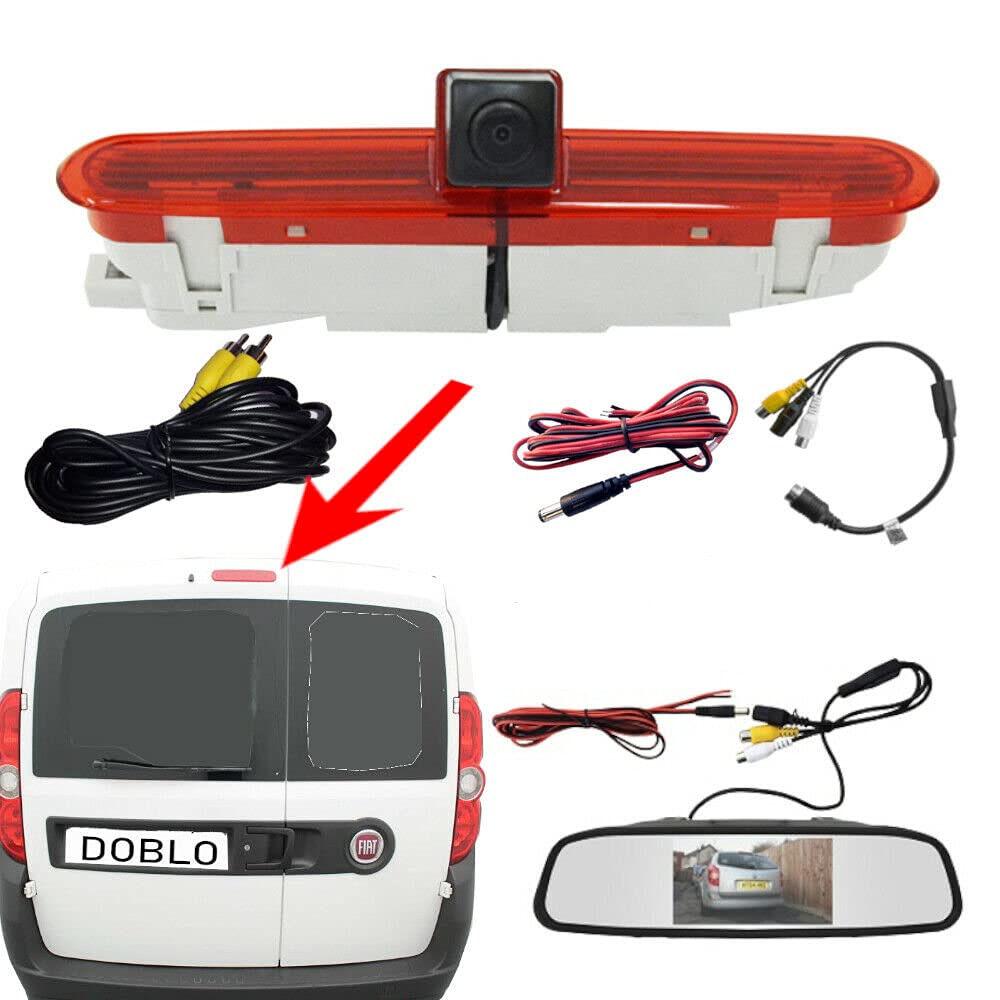 Dolphin Automotive Brake Light Rear View Reversing Camera Fits Fiat Doblo 2010 Onwards and Vauxhall Combo 2011-2018 (Camera With 4.3" Mirror Monitor)