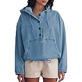 PINSV Women’s Denim Hoodie Jacket Lightweight Button Up Jean Pullover with Drawstring Hood Casual Long Sleeve Sweatshirt