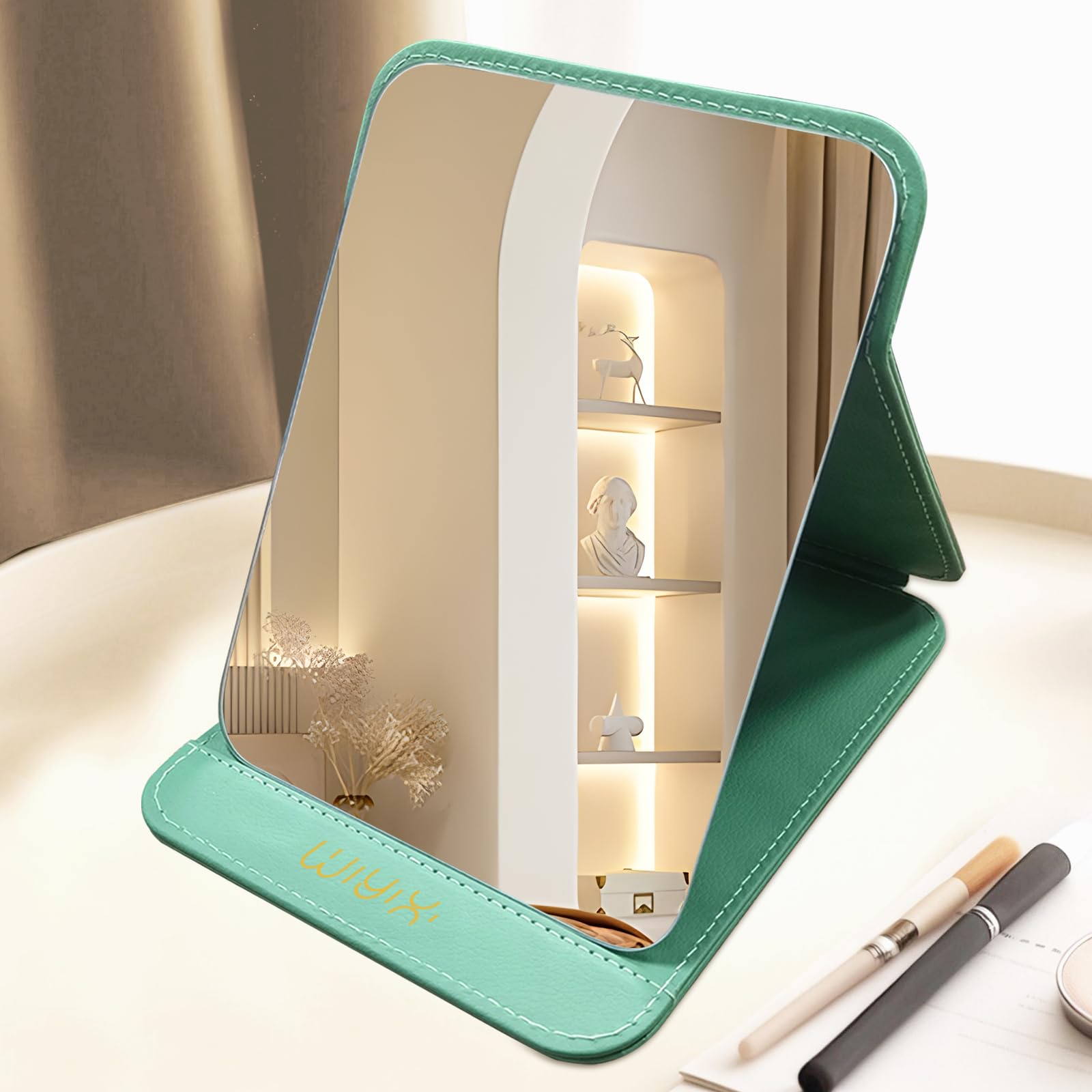 Photo 1 of SYHITOU Foldable Travel Makeup Mirror, Adjustable Angle Portable Standing Vanity Mirror, Compact PU Leather Design for Home/Camping/Desktop Use, Fresh Green (8.4"x6")