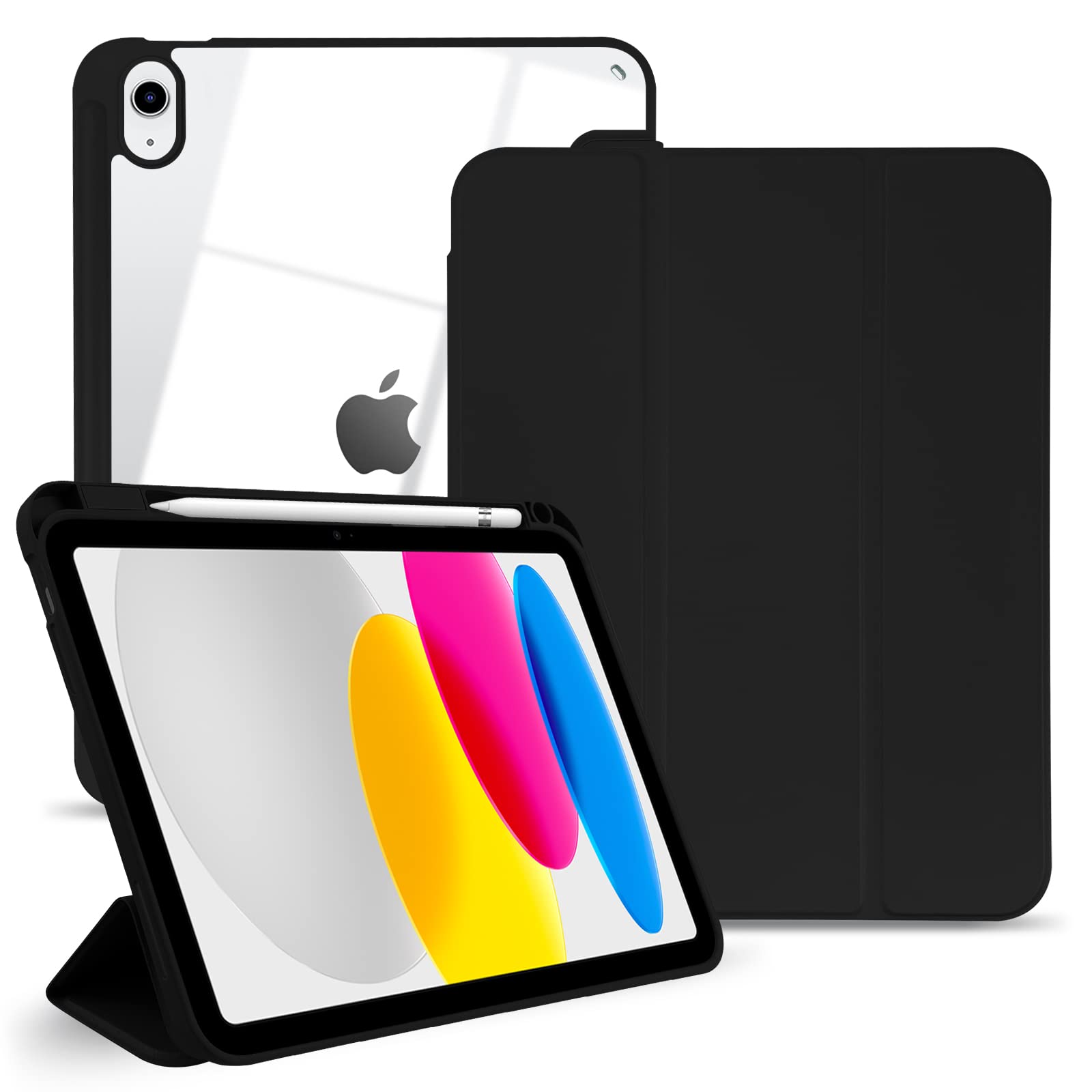 TopPerfekt iPad 10th Generation Case 2022 10.9 inch 2022 A2757 A2777, TPU Shockproof Frame and Protective Leather Cover [Built-in Pencil Holder, Support Auto Sleep/Wake] black