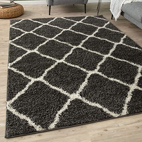 THE RUGS Tapis à Poils Longs Moderne au Design marocain pour Salon, Chambre à Coucher, Couloir, 3 cm d'épaisseur (Gris foncé/Ivoire, 80 x 300 cm)