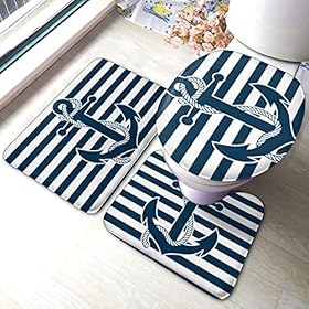 Nautical Bathroom Rug Set 3 Piece Navy Anchor Blue Stripe Background Non Slip Bath Carpet Mat U-Shaped Contour Mat… 613N7T7Vm8L