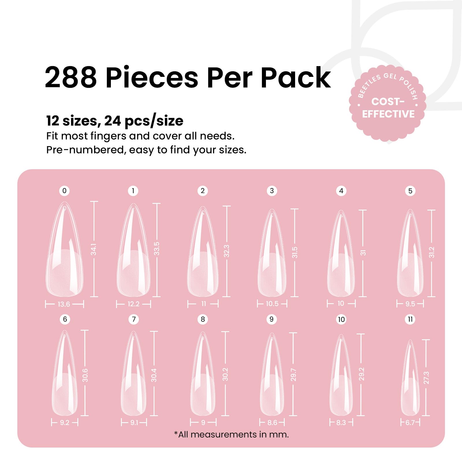 Beetles Stiletto Medium Nail Tips, 288 Pcs Pre-Shaped Etch X Nail Tips Fake Nails Soft Gel Nail Extension Acrylic Tips, Soak Off LED Nail DIY Salon at Home Gifts for Women - Image 2