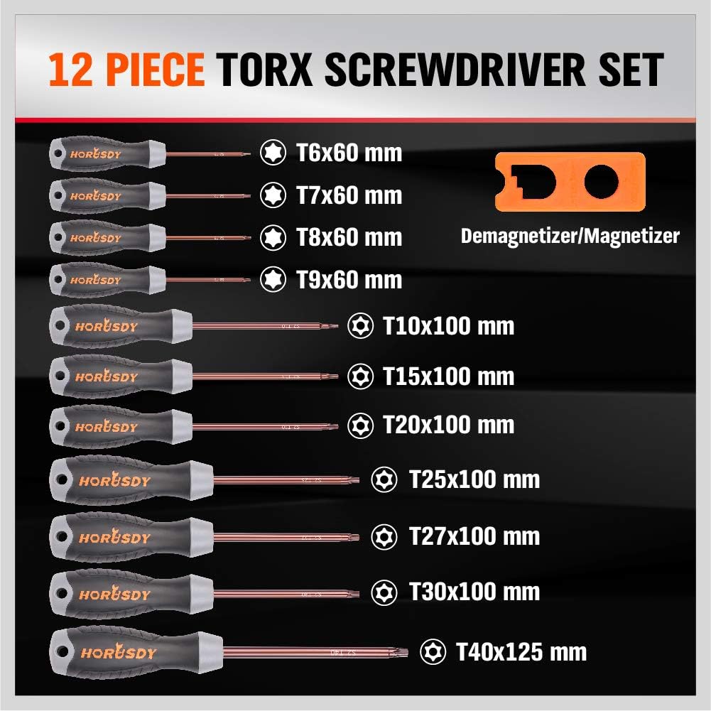HORUSDY 12-Piece Magnetic Torx Screwdrivers Set, S2 T6 - T40 Star Screwdrivers Set, (T10 - T40) Security Tamper Proof: Home Improvement