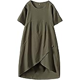 Minibee Women's Casual Linen Dress Summer Short Sleeve Flowy Empire Waist Midi Dresses with Pockets