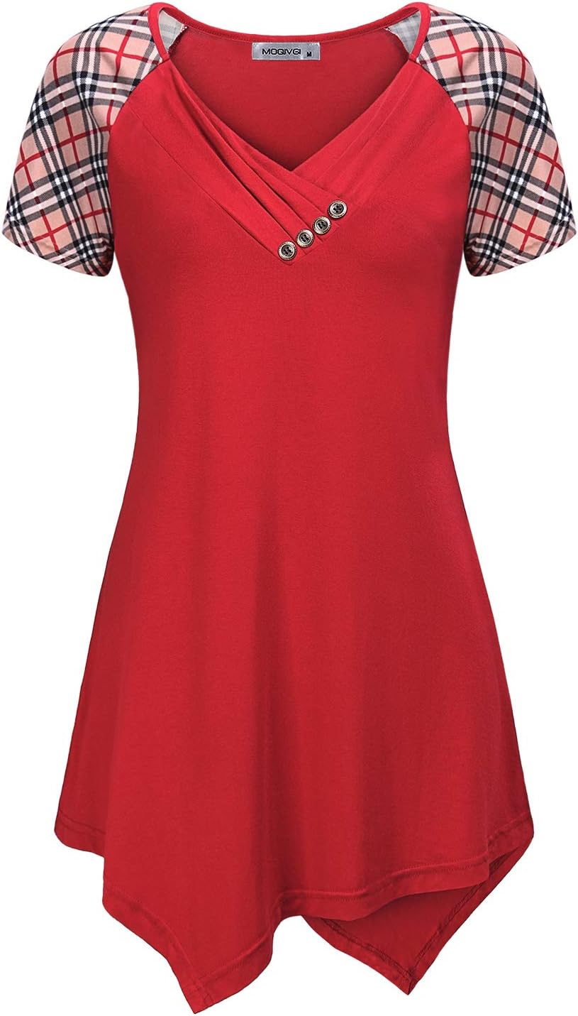 MOQIVGI Womens Short Sleeve V Neck Button Trim Asymmetrical Hem Tunic Tops