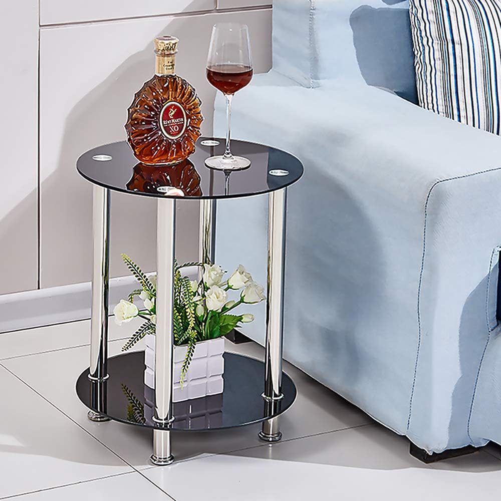 BonChoice 2Tier Round End Table Clear Glass Side Coffee Tables with Stainless Steel Legs