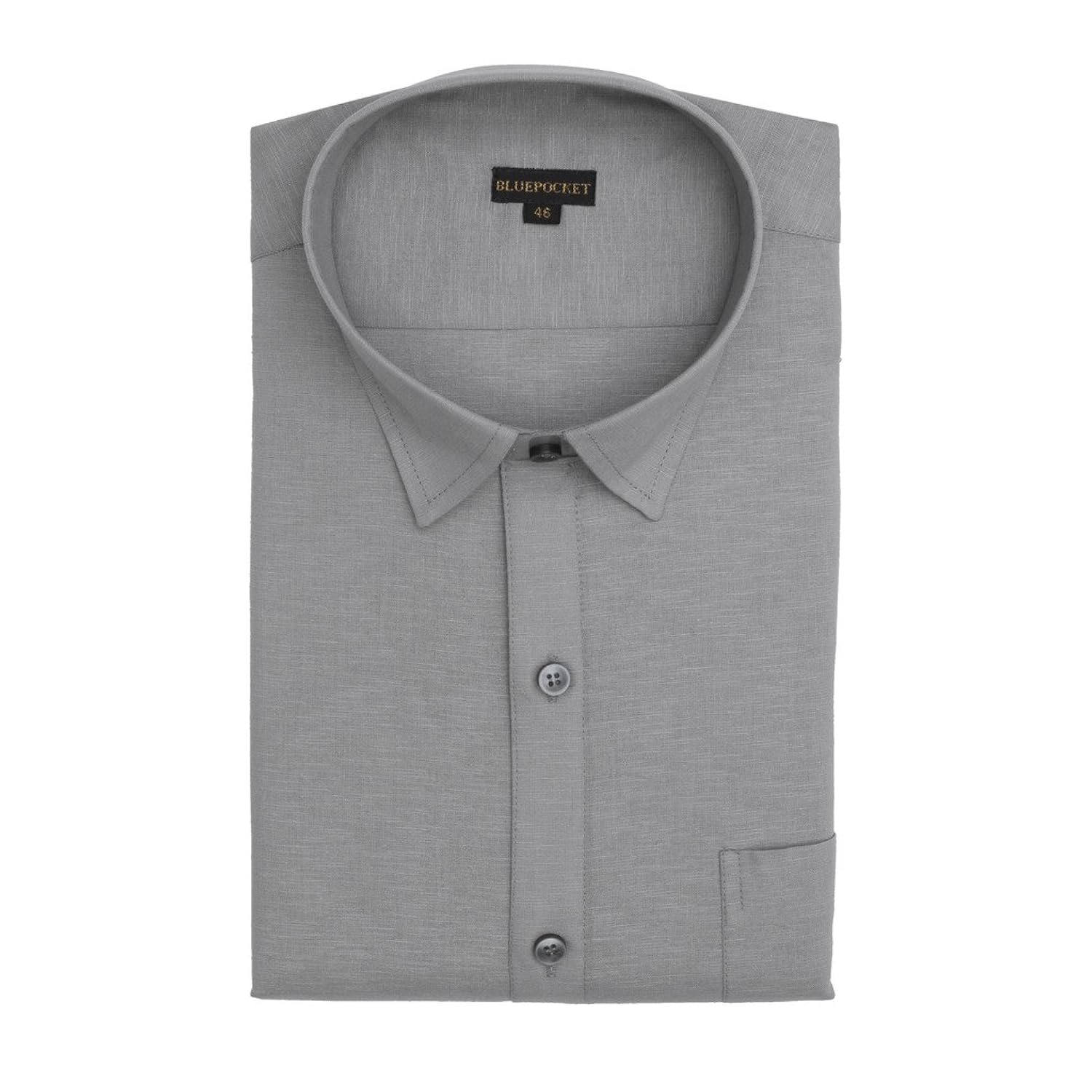 bluepocket linen cotton formal shirt for men. regular fit, grey color, full sleeves rounded hemlines.