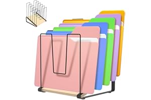 Inclined Desk File Organizer, 5 Section Vertical File Folder Holder Stand, Metal File Sorter Rack with Wood Base, Metal Magaz