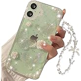 Changjia for iPhone 17 Clear Glitter Case, Cute Girly 3D Butterfly Floral Flowers Crystal Pearl Bling Sparkle Shiny with Wrist Strap Soft TPU Aesthetic Women Girls Phone Case for iPhone 17 6.3