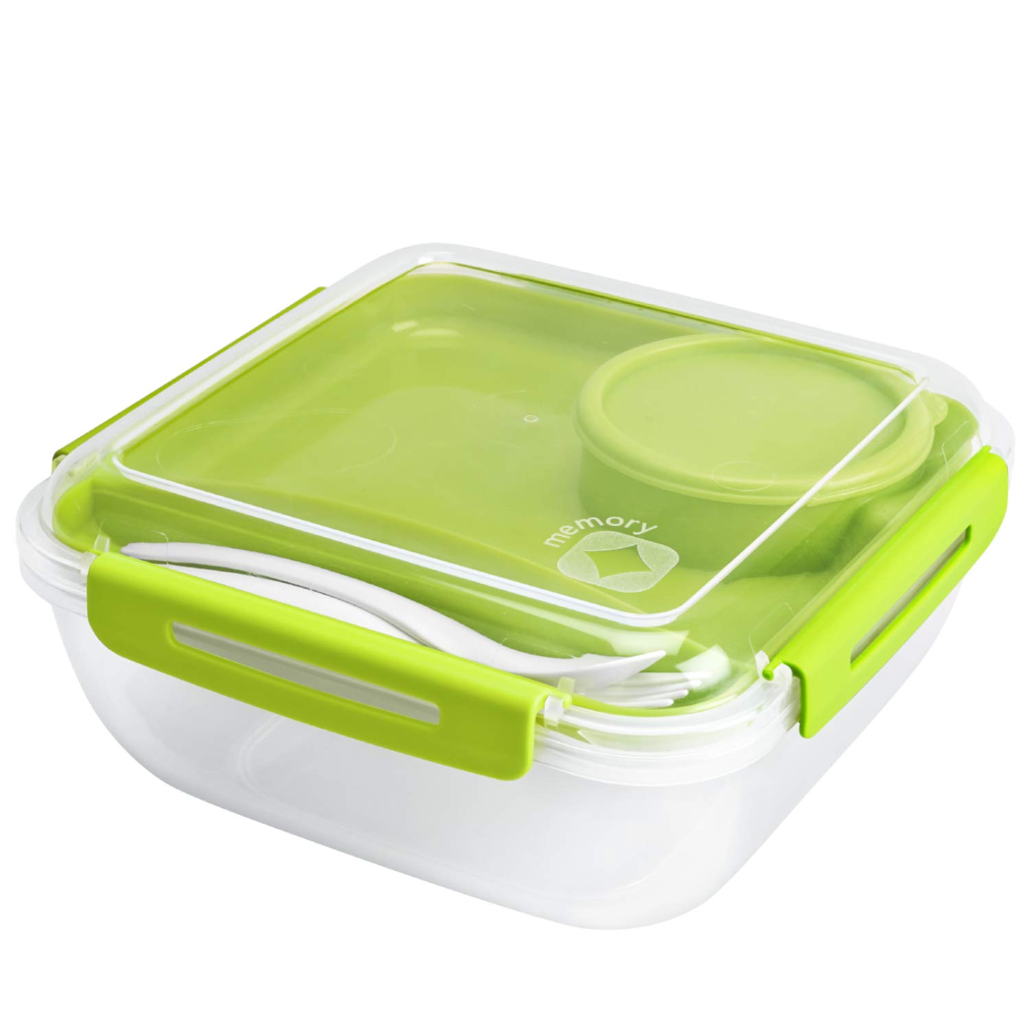 Rotho, Memory B3, Lunchbox 1.7l with cutlery and separate container, Plastic (PP) BPA-free, green, 1,7l (19,5 x 19,5 x 9,1 cm)