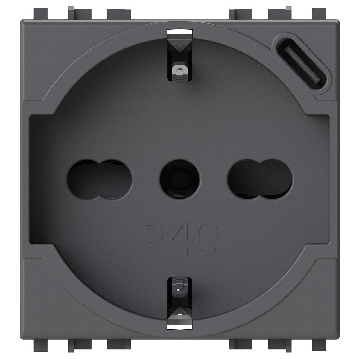 P40 USB3.0 Schuko Type P40 Socket with Built-in 3 Amp USB Power Supply with Type C Connector Compatible with Vimar Arkè Grey