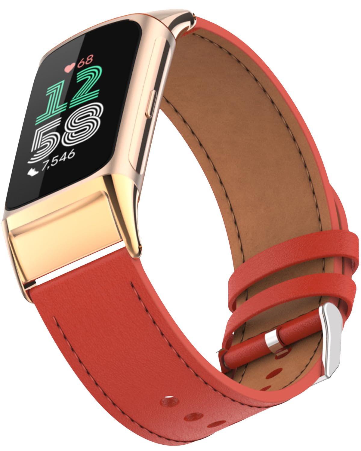 Miimall Leather Strap Compatible with Fitbit Charge 6/Fitbit Charge 5 Strap, Breathable Holes PU Leather Band, Adjustable Replacement Wristband with Metal Buckle for Women-Red