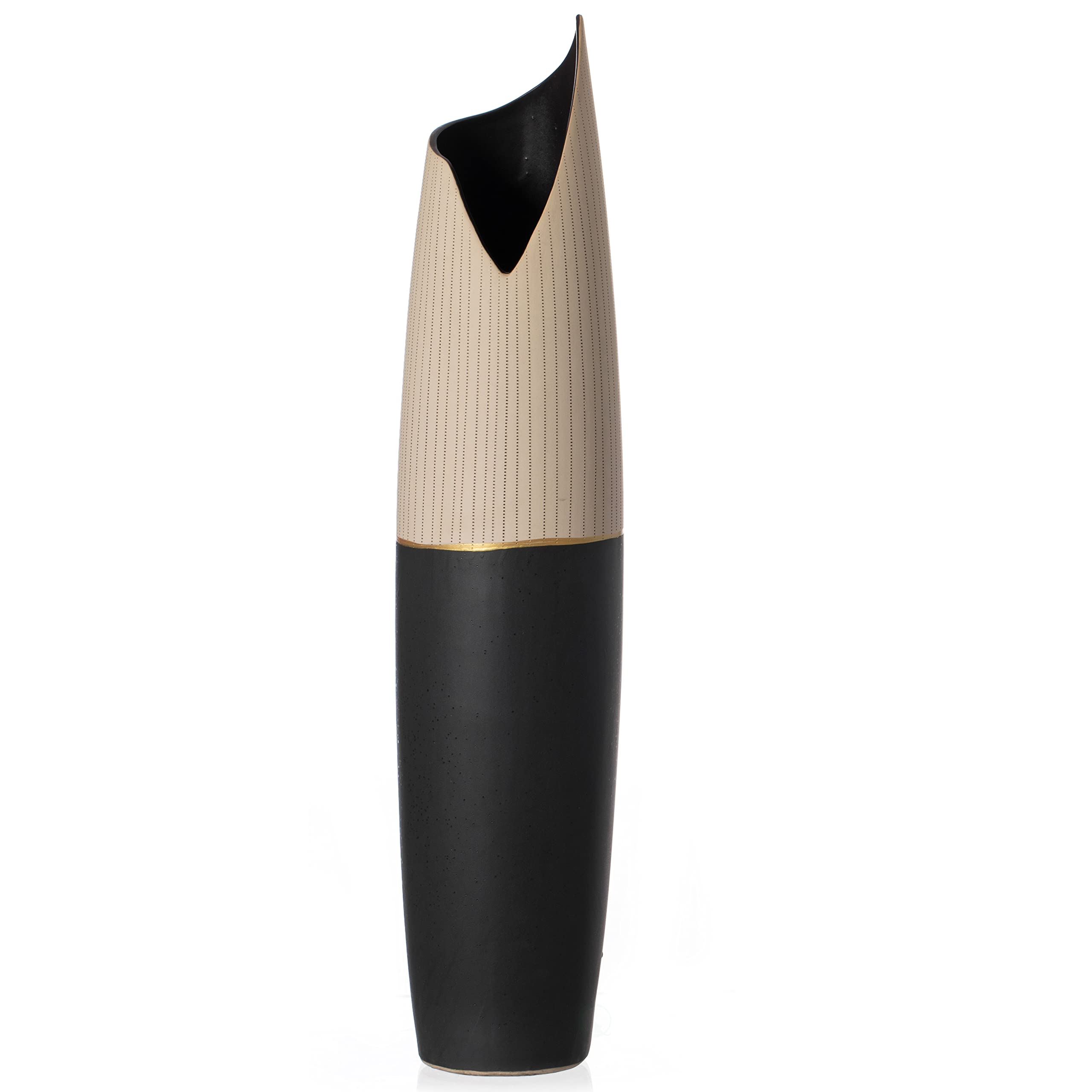 Photo 1 of 30-Inch Tall Freestanding Ceramic Floor Vase - Handcrafted Beige Polka Dot Striped Top and Black Bottom, Large Waterproof Vase for Tall Floral Arrangements, Unique Shaped Flower Holder