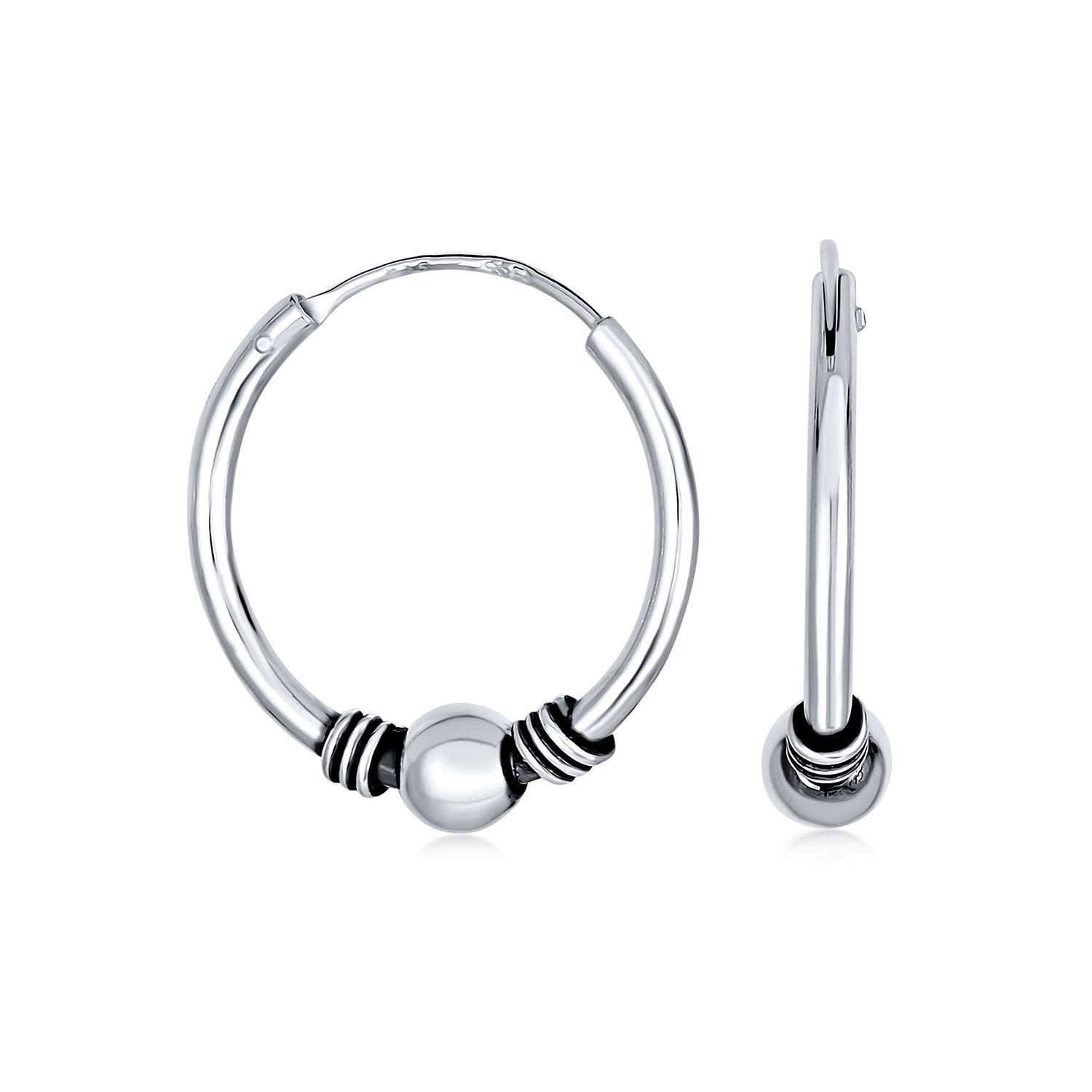 Balinese Tribal Ball Bead Continuous Circle Bohemian Boho Tribal Endless Bali Hoop Earrings For Women .925 Sterling Silver .70 Inch Diameter