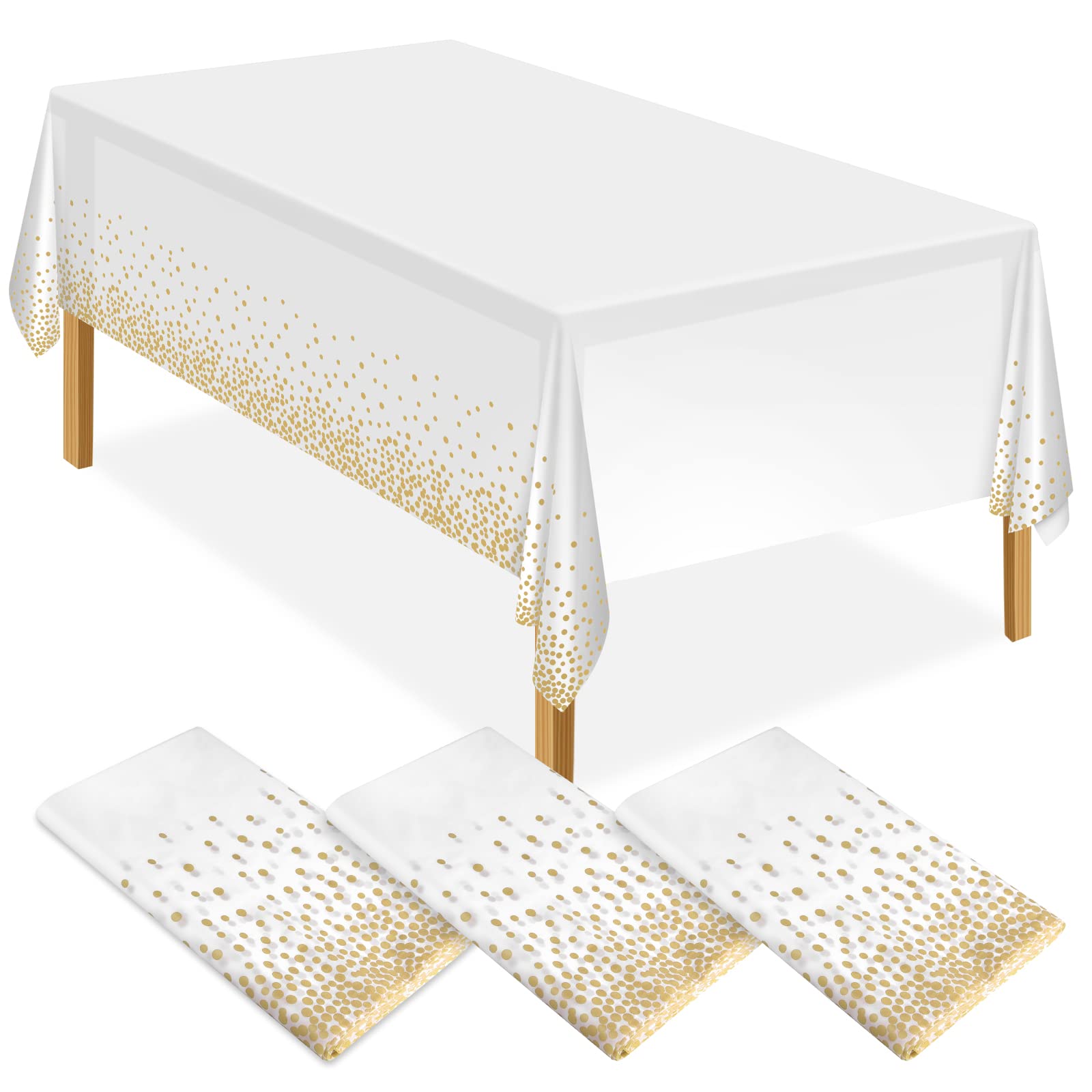ELECLAND 3Pcs White and Gold Party Tablecloth Plastic Tablecloth 137x274cm Gold Dot Confetti Table Cover Rectangular Party Table Cover for Picnic, Baby Shower, Halloween, Christmas