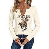 Western Country Shirts for Women Cowgirl Cartoon Boots Graphic T Shirts Notched V Neck Long Sleeve Casual Tee Tops