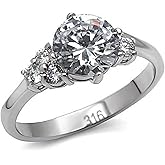Asymmetrical Round Brilliant Solitaire & Side Accents Cubic Zirconia CZ Engagement Ring, Hypoallergenic 316L Stainless Steel