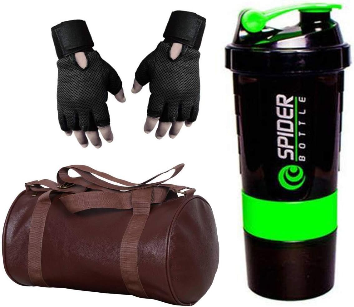 Snipper Sports Combo of Leatherite (Brown) Duffle Gym Bag, Gym Gloves (Black) (Free Size), Spider Shaker With 2 Extra Compartment (Green) Gym/Fitness Kit/Combo/Gym Accessories/Gym Kit/for Men and Women/ Multipurpose Sports Kit