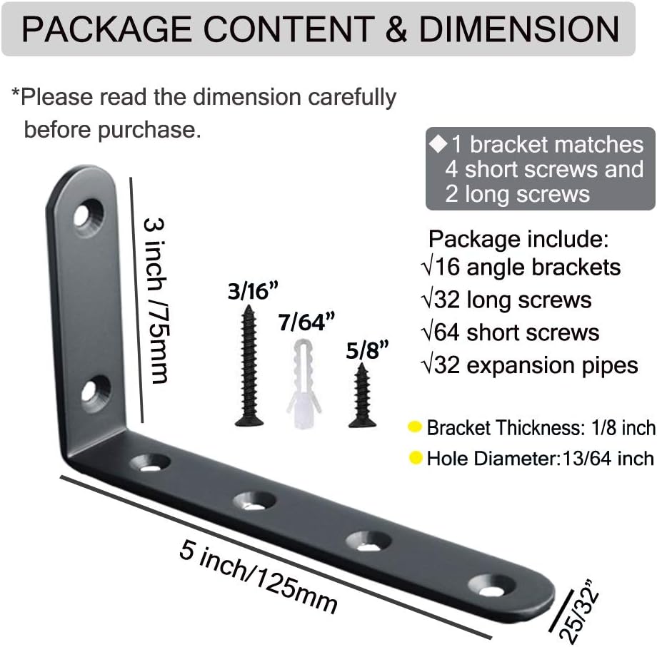 Shelf Brackets 16pcs Corner Brace Black Steel L Brackets for Shelves 5 Inch x 3 Inch Decorative Corner Brackets for Wall Joint Angle Brackets for Shelf with Screws (3x5 inch-16pcs): Home Improvement