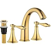 Gold Bathroom Faucet Widespread 3 Hole, 6–16 Inch Vanity Sink with 2 Handles, Drip-Free Ceramic Disc Valve, Solid Brass, Push Pop-Up Drain Assembly Included