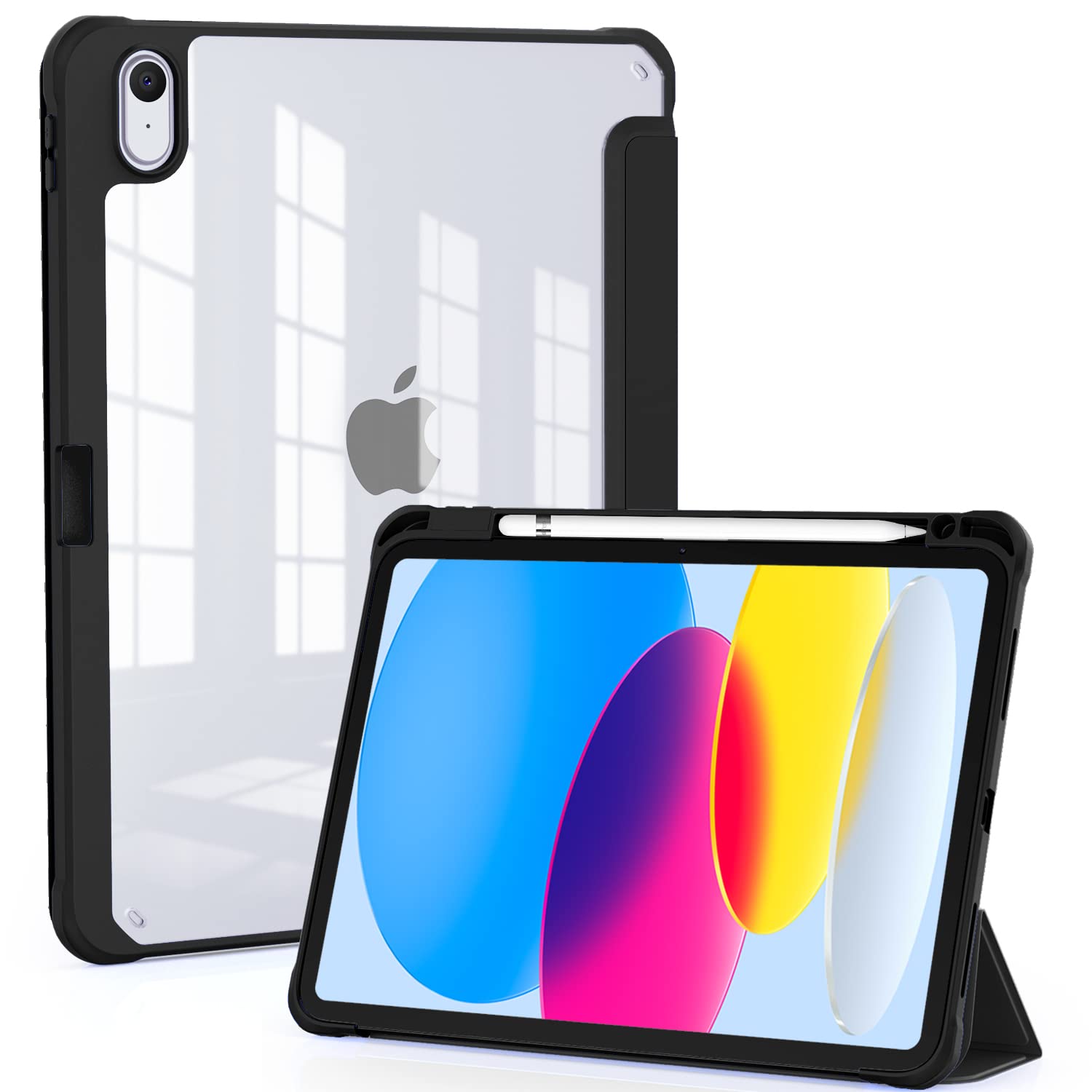 OKP for New iPad 10th Generation Case 2022, ipad 10.9 inch Case with Trifold Stand, Auto Wake/Sleep, ipad 10 gen Protective Cover with Slim Lightweight Clear PC Back Shell for Women Men, Black