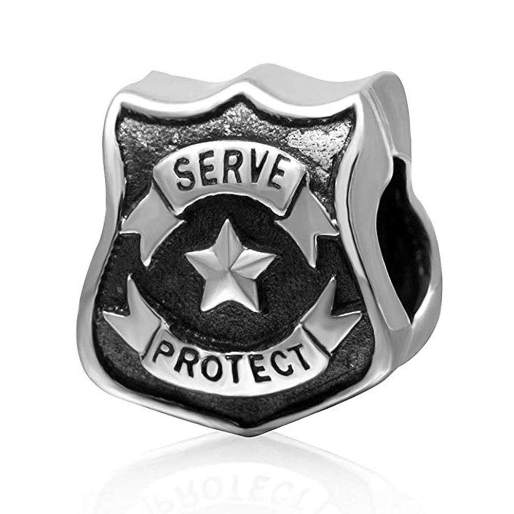 Police Charm 925 Sterling Silver Serve and Protect Charm 925 Sterling Silver Shield Charm Five-pointed Star Charm for Pandora Charm Bracelet