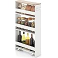 Giantex Kitchen Slim Storage Cart 4 Tier, Rolling Side Storage Cabinet w/Handle, Space Saving, Kitchen Utility Cart Tower Rack for Kitchen Laundry Narrow Places (White & Natural)