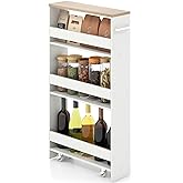 Giantex Slim Storage Cart 4 Tier, Rolling Side Cabinet w/Handle, Space Saving, Kitchen Utility Cart Tower Rack for Laundry Narrow Places (White & Brown)